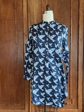 Maison Marcy Navy Blue Cloud Bird Magritte Style Print Button Front Dress